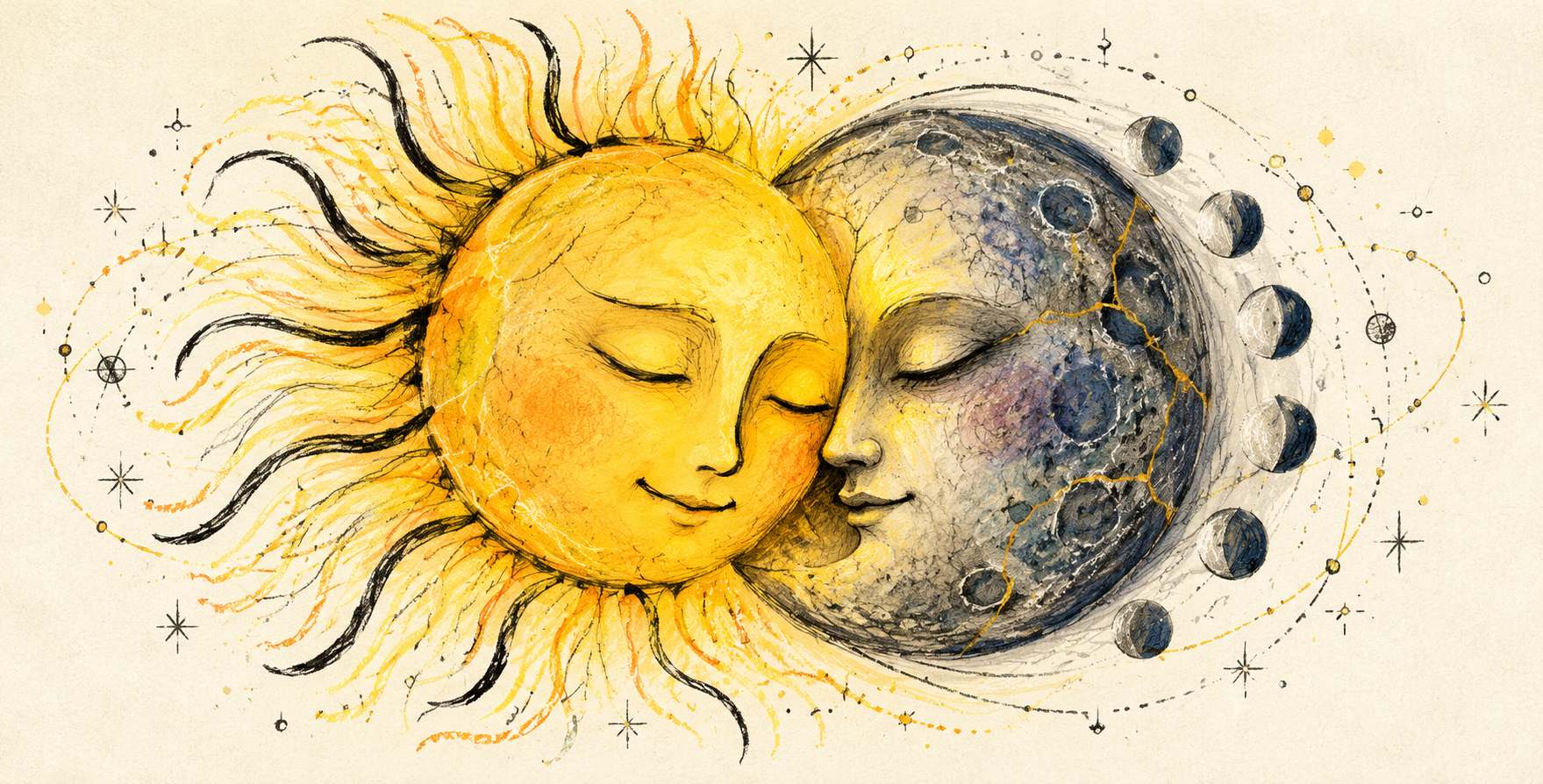 A hand-drawn Sun resting beside a bruised Moon, surrounded by lunar phases and wandering orbit lines.